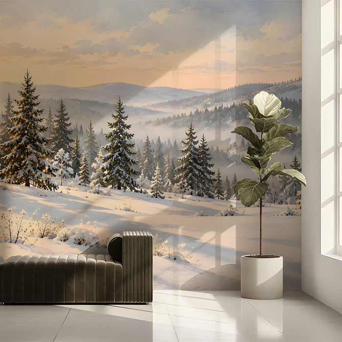 Winter forest wallpaper in a cozy entryway with wooden furniture