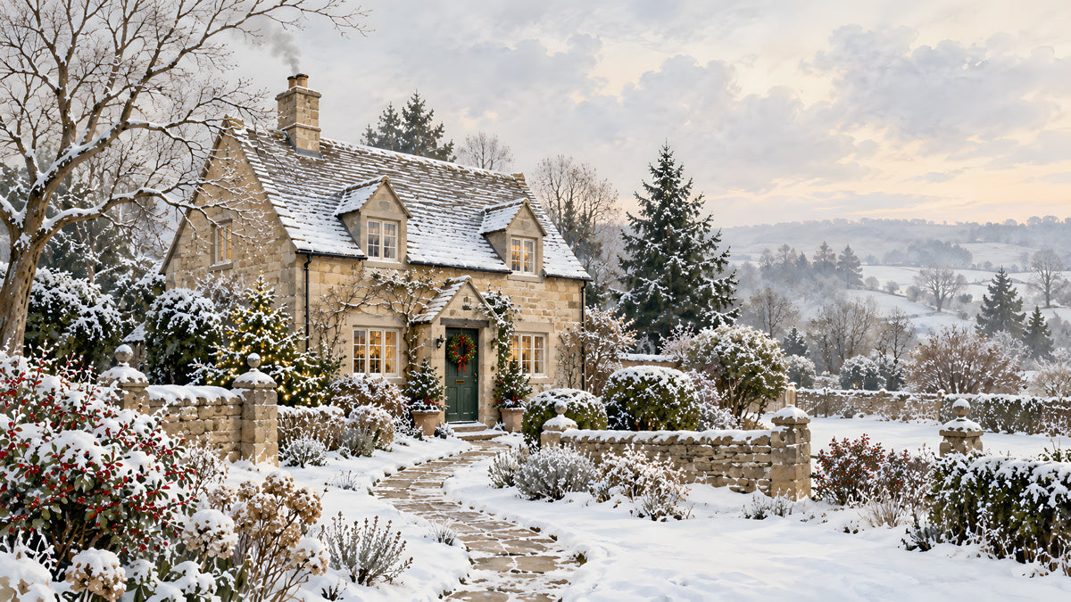 A realistic winter mural showing a stone cottage with snowy gardens and a winding stone path under a pale sunset.
