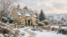 A realistic winter mural showing a stone cottage with snowy gardens and a winding stone path under a pale sunset.
