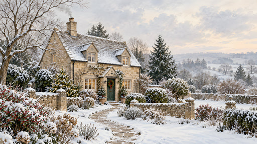 A realistic winter mural showing a stone cottage with snowy gardens and a winding stone path under a pale sunset.