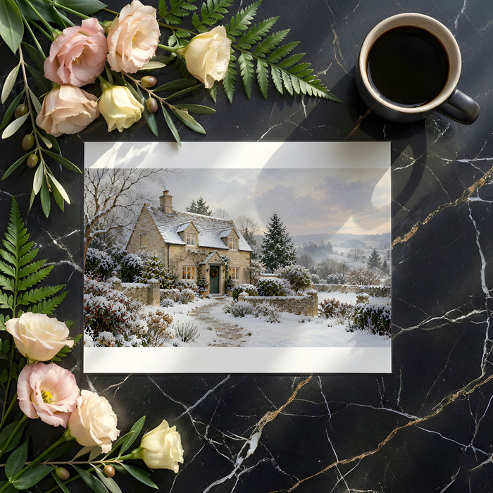 A dining room wall covered with the winter cottage scene, styled with a rustic wooden table and warm lighting.