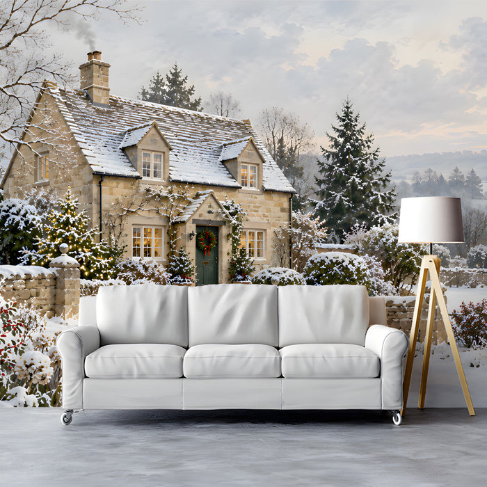 A quiet home cinema corner featuring the snowy English landscape mural as an expansive, calming backdrop.