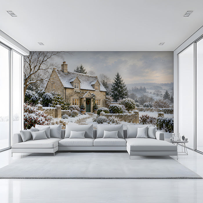 A cozy living room featuring the snowy cottage mural behind a velvet sofa, creating a peaceful winter retreat.