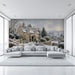 A cozy living room featuring the snowy cottage mural behind a velvet sofa, creating a peaceful winter retreat.