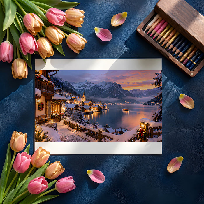 A peaceful master bedroom featuring a snowy mountain village mural behind a modern wooden bed frame.