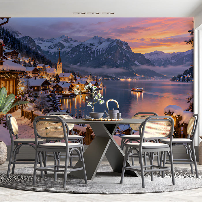 A spacious hotel lobby area with a large-scale Alpine winter landscape wall mural for a welcoming atmosphere.
