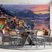 A spacious hotel lobby area with a large-scale Alpine winter landscape wall mural for a welcoming atmosphere.