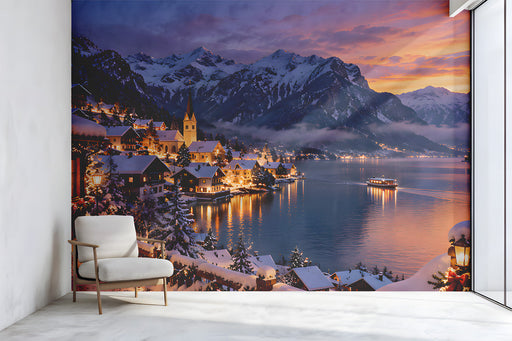 A sophisticated entryway featuring an Alpine winter mural as a dramatic accent wall backdrop.