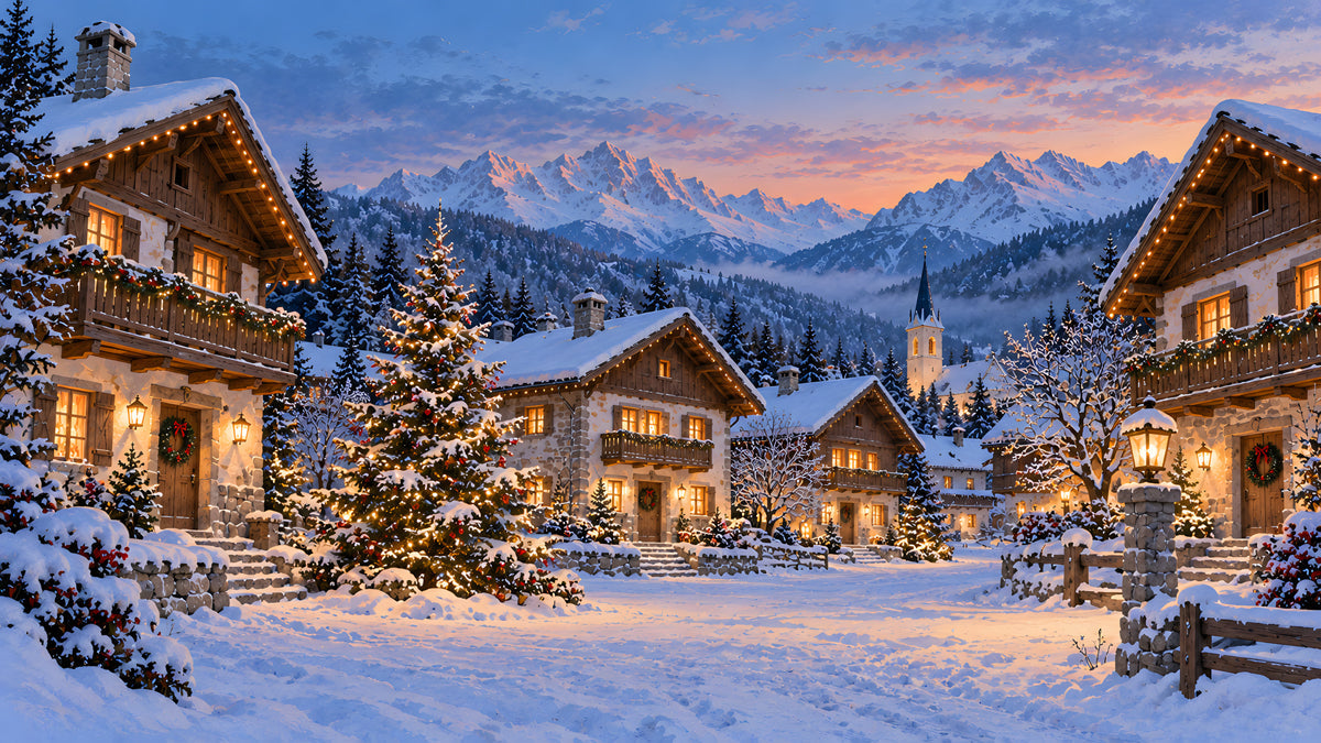 A cozy alpine village covered in deep snow with glowing warm lights, decorated Christmas trees, and a mountain range background.