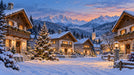 A cozy alpine village covered in deep snow with glowing warm lights, decorated Christmas trees, and a mountain range background.