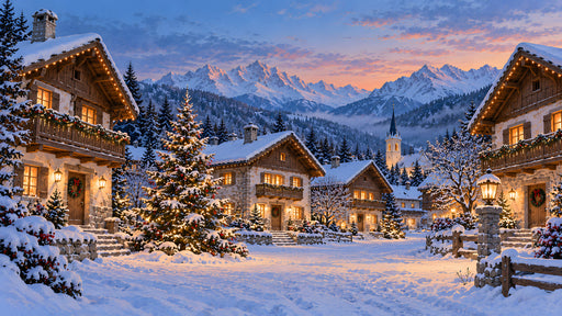 A cozy alpine village covered in deep snow with glowing warm lights, decorated Christmas trees, and a mountain range background.