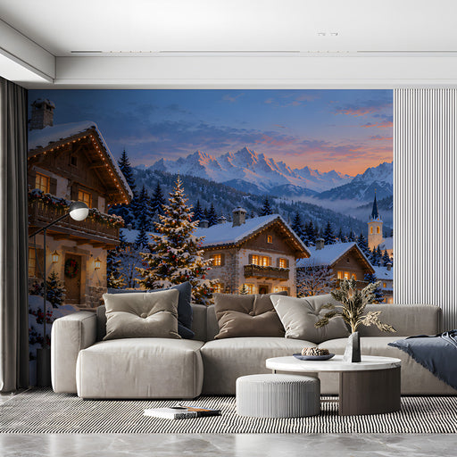 A living room nook featuring a mountain landscape wallpaper, highlighting the warm glow of the festive village lights.