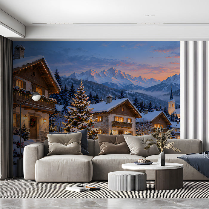 A living room nook featuring a mountain landscape wallpaper, highlighting the warm glow of the festive village lights.
