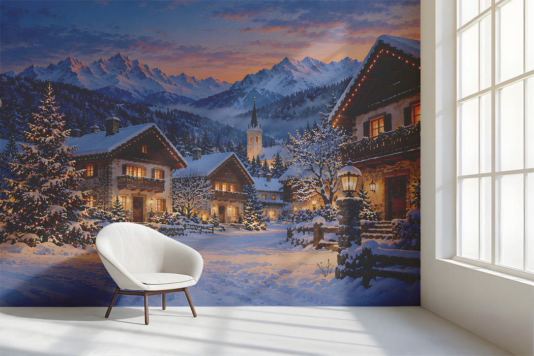 A formal dining room featuring a snowy mountain village mural on the main feature wall, creating a festive holiday atmosphere.