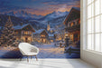 A formal dining room featuring a snowy mountain village mural on the main feature wall, creating a festive holiday atmosphere.