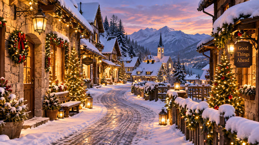 Snowy Alpine village street at Christmas with glowing pine trees and lanterns