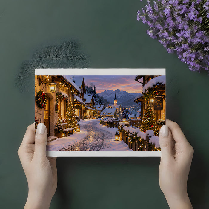 Cozy living room featuring a snow-covered street scene wall mural
