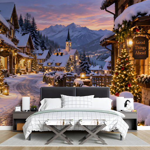 Bedroom decorated with a festive snowy village landscape mural