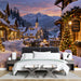 Bedroom decorated with a festive snowy village landscape mural