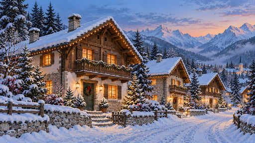 A cozy snowy alpine village with timber chalets, mountain peaks, and golden window lights