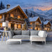Cozy winter chalet mural in a home cinema with soft ambient lighting