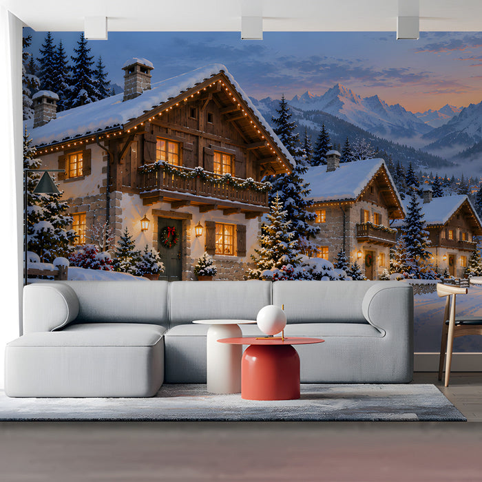 Snowy mountain village mural installed on a large living room feature wall