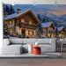 Snowy mountain village mural installed on a large living room feature wall