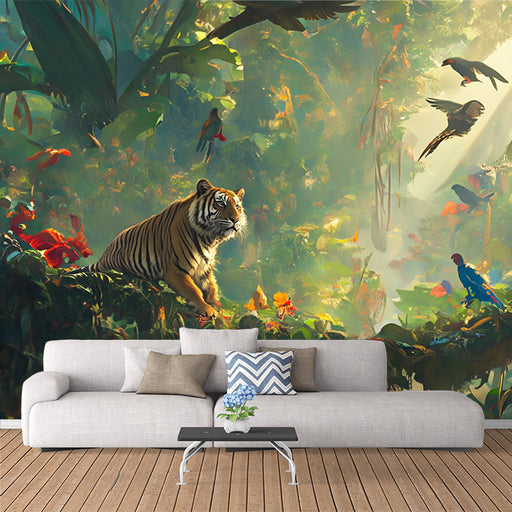 A mural wallpaper depicting a tiger in a lush jungle with green, orange, red, and brown colors, with the tiger being prominent in the visual.