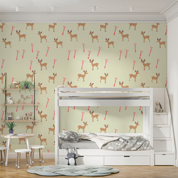 Scattered Reindeer and Candy Cane Pattern Wallpaper | Minimalist Christmas, Pastel Cream Background