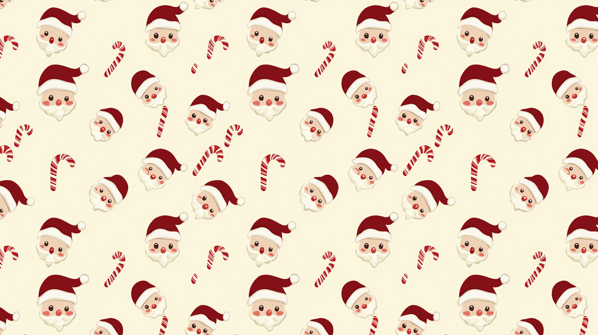 Floating Santa Head and Candy Cane Pattern Wallpaper | Cute Christmas Faces, Cream Background, Large Scale