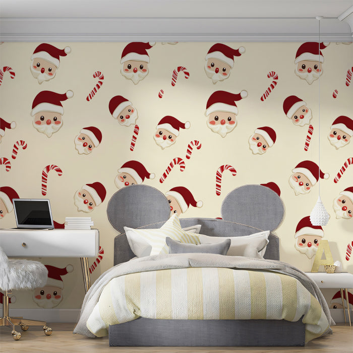 Floating Santa Head and Candy Cane Pattern Wallpaper | Cute Christmas Faces, Cream Background, Large Scale