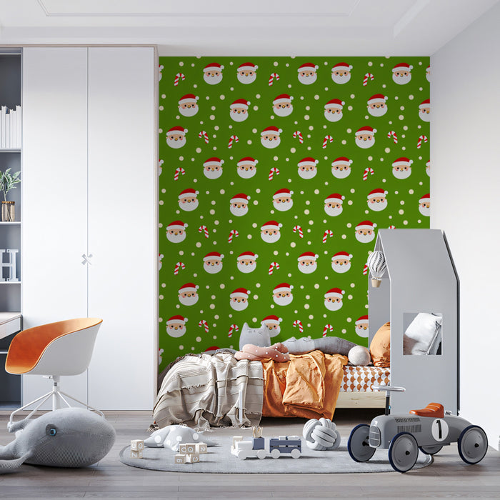 Tightly Packed Santa Head Dot Pattern Wallpaper | Classic Christmas Green, Repeating Grid, Festive