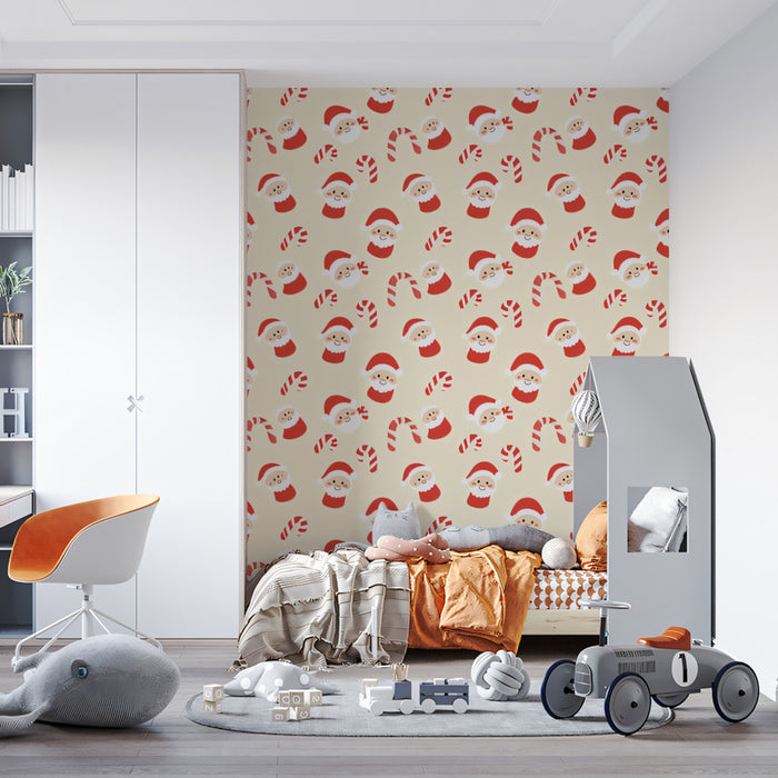 Small-Scale Santa and Candy Cane Diagonal Pattern Wallpaper | Minimalist, Cream Background, Subtle Christmas