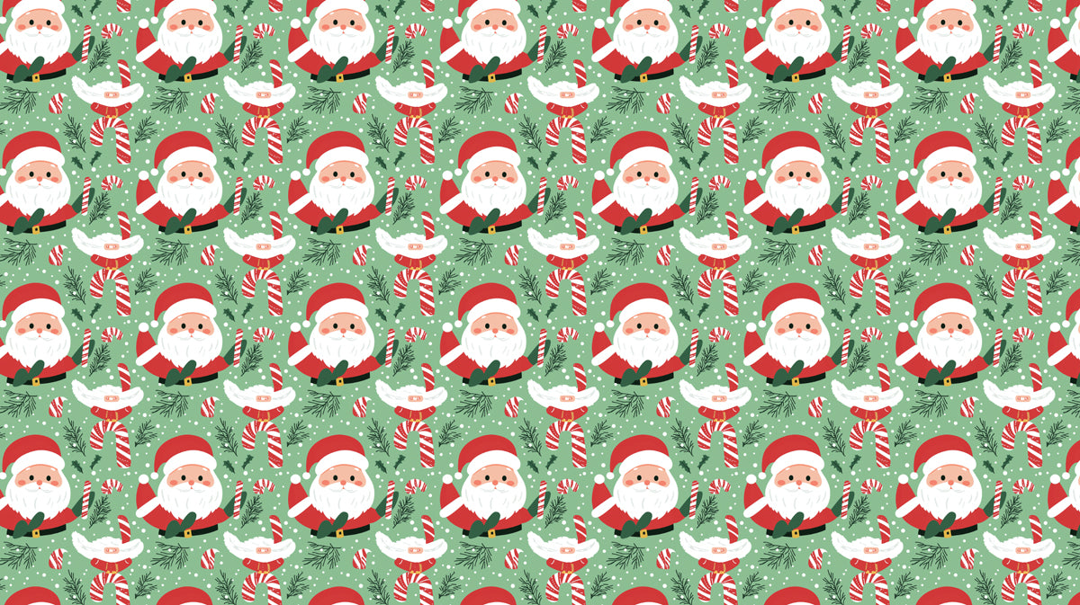 Full-Body Santa and Candy Stripe Pattern Wallpaper | Vibrant Green Background, High Density, Traditional