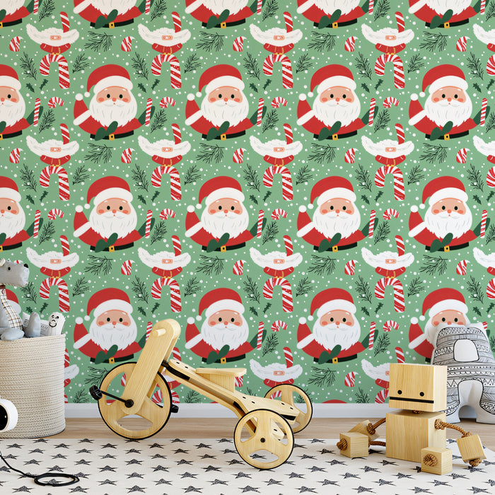 Full-Body Santa and Candy Stripe Pattern Wallpaper | Vibrant Green Background, High Density, Traditional