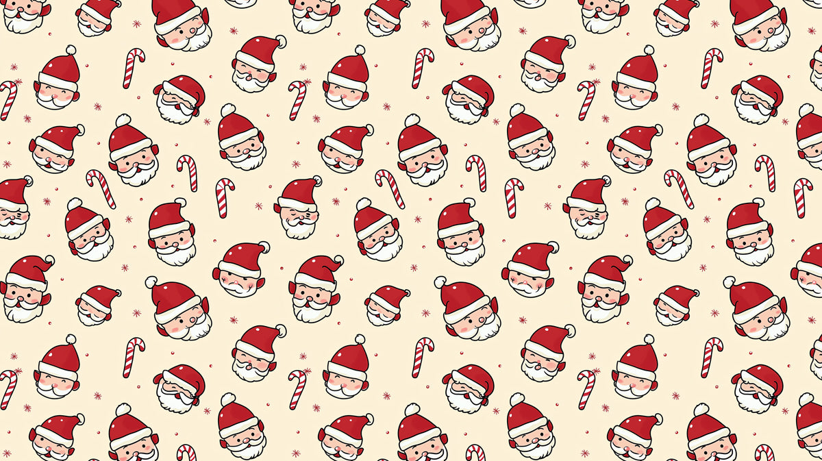Dense Santa Head and Candy Cane Repeat Wallpaper | Hand-Drawn Style, Warm Cream Background, Bold Lines