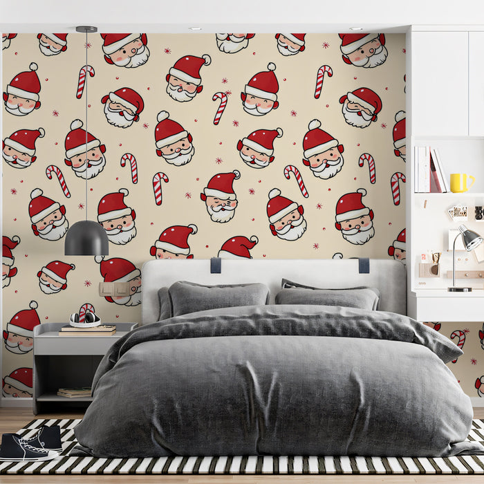 Dense Santa Head and Candy Cane Repeat Wallpaper | Hand-Drawn Style, Warm Cream Background, Bold Lines