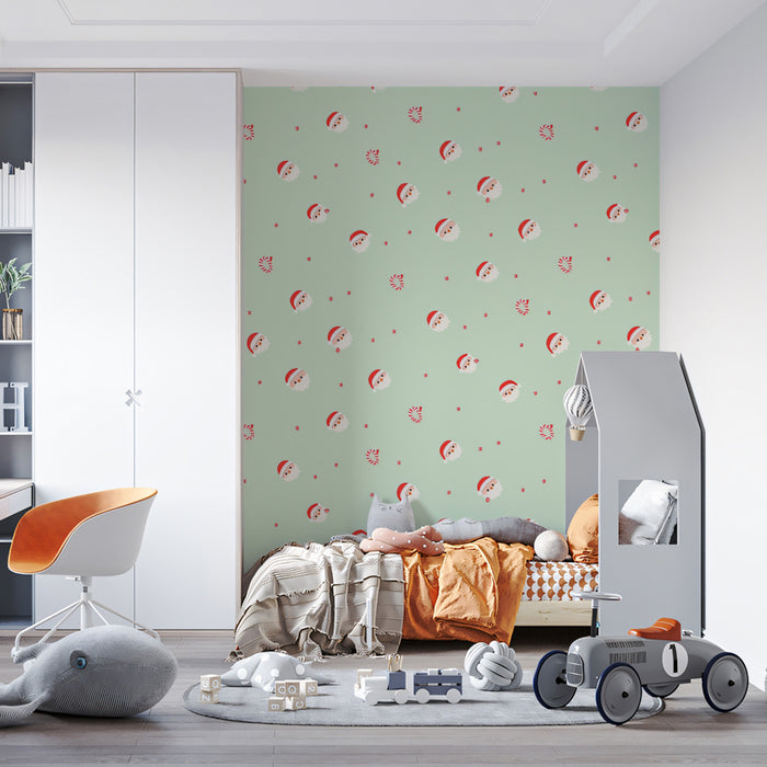 Minimalist Santa Head and Candy Swirl Pattern Wallpaper | Soft Mint Green Background, Delicate Design