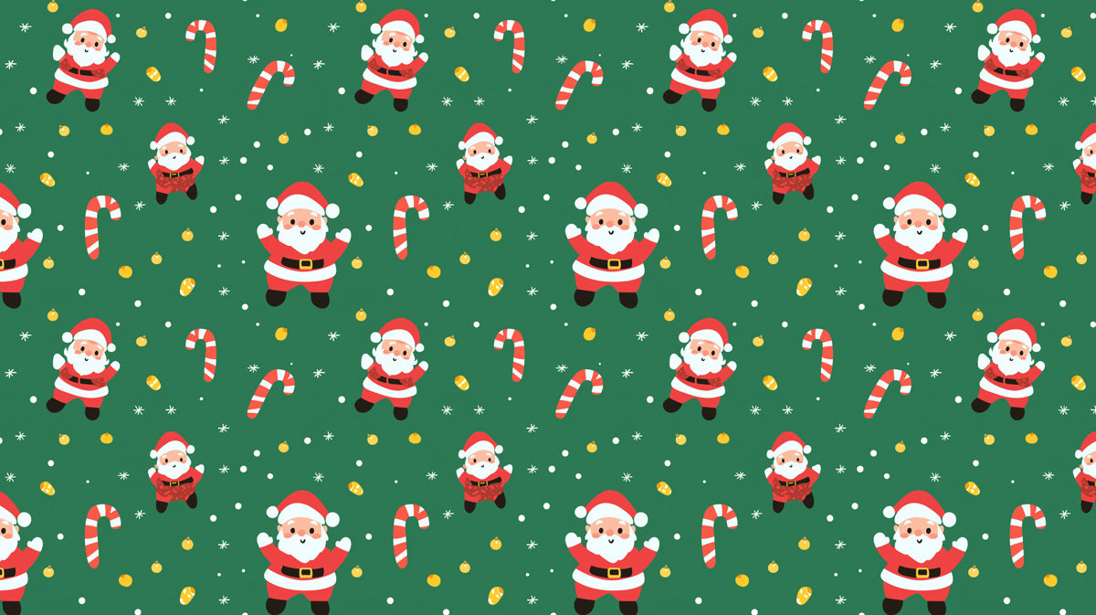 Cartoon Santa and Candy Cane Scatter Pattern Wallpaper | Emerald Green Background, Playful, Multi-Scale