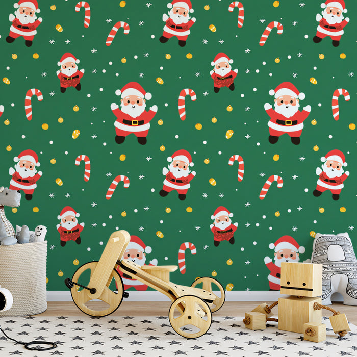 Cartoon Santa and Candy Cane Scatter Pattern Wallpaper | Emerald Green Background, Playful, Multi-Scale