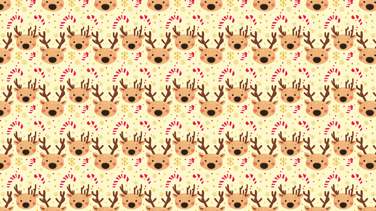 Cute Reindeer Head and Snowflake Pattern Wallpaper | Cheerful Christmas Faces, Yellow Background, Playful