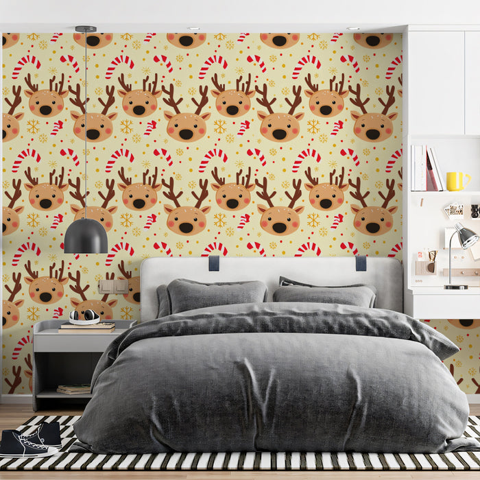 Cute Reindeer Head and Snowflake Pattern Wallpaper | Cheerful Christmas Faces, Yellow Background, Playful