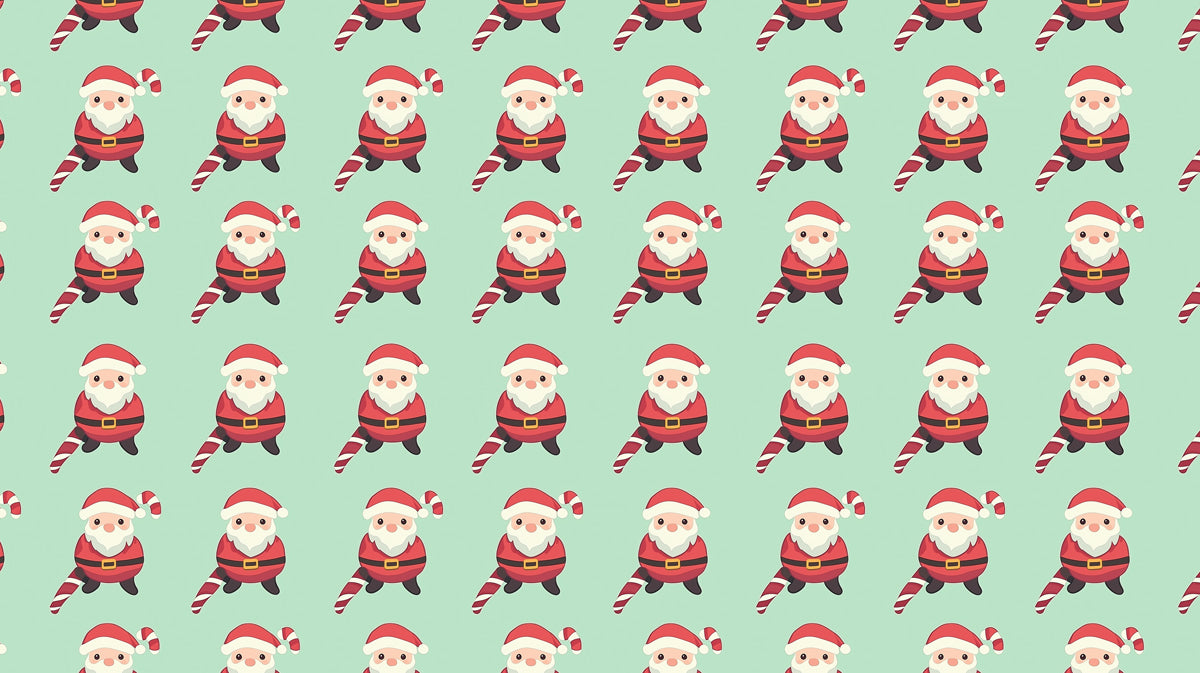 Full Santa and Candy Cane Grid Wallpaper | Mint Green Background, Cute Character Repeat, Orderly Festive
