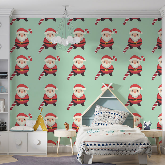 Full Santa and Candy Cane Grid Wallpaper | Mint Green Background, Cute Character Repeat, Orderly Festive