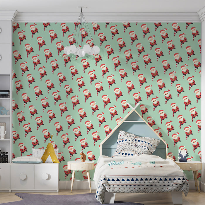 Dense Mini Santa and Candy Cane Pattern Wallpaper | High-Density Repeat, Diagonal Flow, Soft Mint
