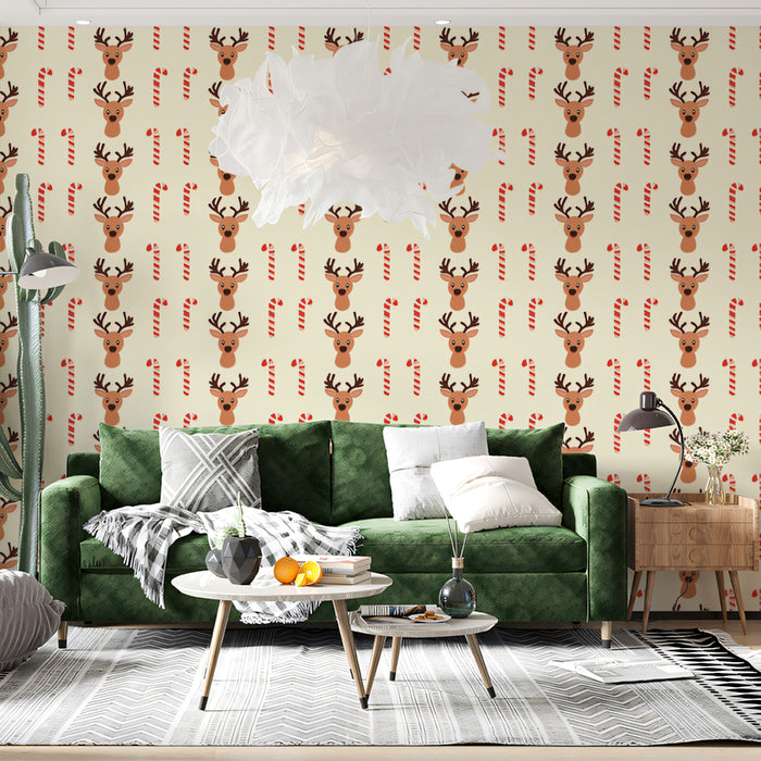 Tightly Packed Reindeer and Candy Cane Grid Wallpaper | Warm Cream Background, Neutral-Toned Motif, Playful