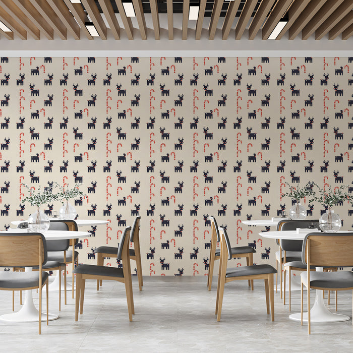 Pixelated Reindeer and Candy Cane Pattern Wallpaper | 8-Bit Retro Christmas, High Contrast, Modern
