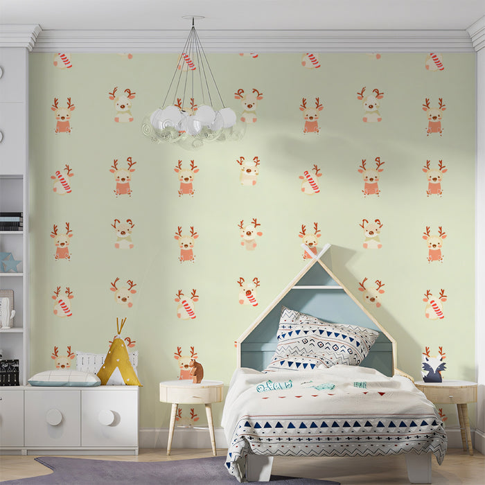 Pastel Reindeer and Candy Cane Scatter Wallpaper | Soft Green Background, Delicate and Playful Motif