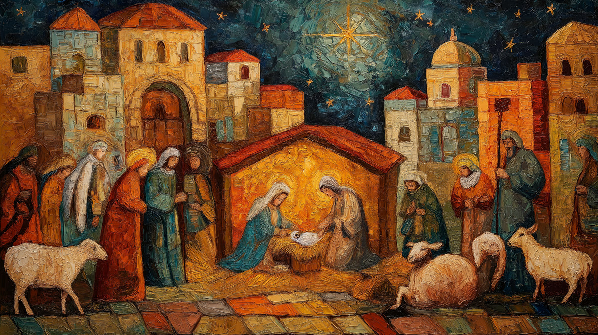 Impressionist Nativity Scene Mural Wallpaper | Oil Painting Style, Warm Colors, Historical Setting