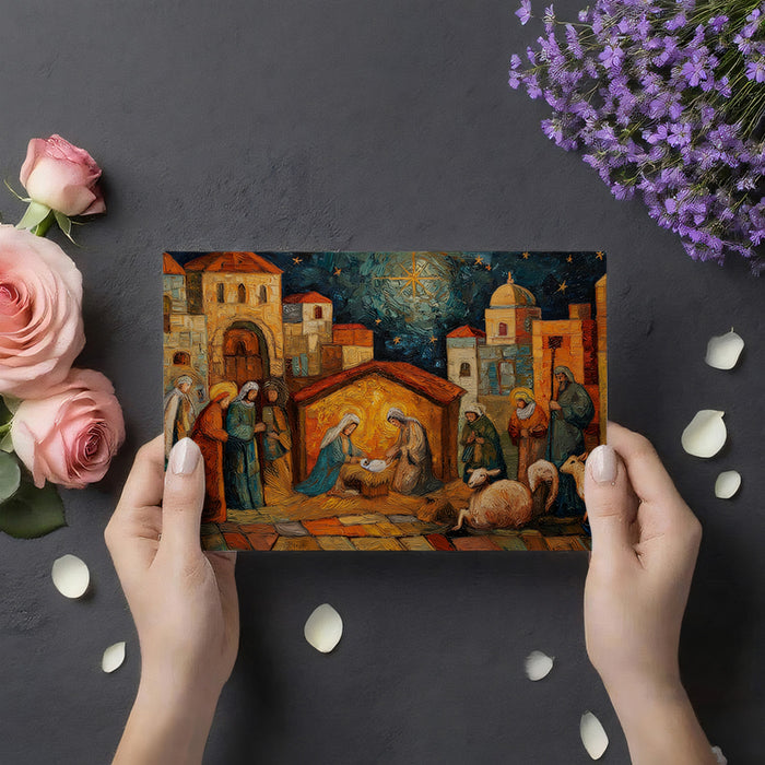 Impressionist Nativity Scene Mural Wallpaper | Oil Painting Style, Warm Colors, Historical Setting